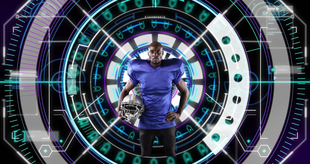 Rugby Player in Futuristic Digital Interface Background