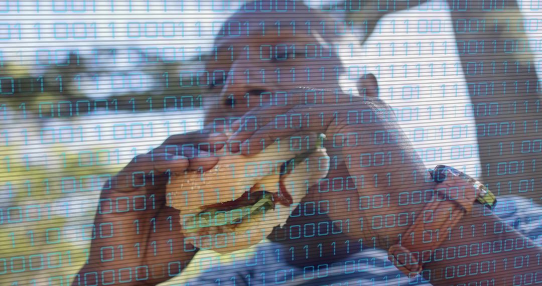 Sunlit man biting double burger with binary code overlay, digital tech and food concept