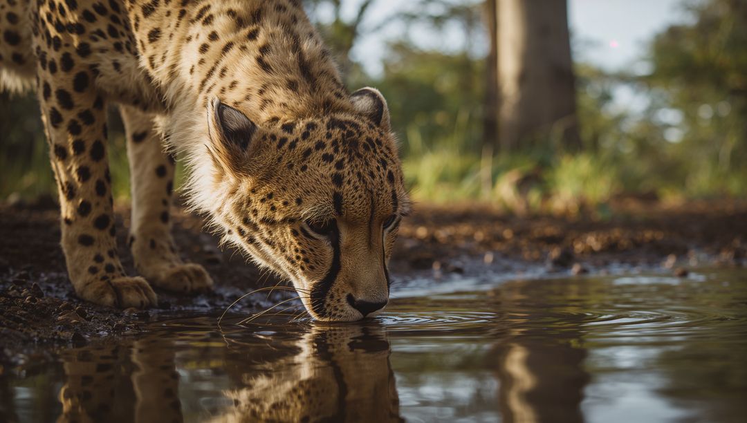 Crouching Cheetah Lapping Water in Open Grassland