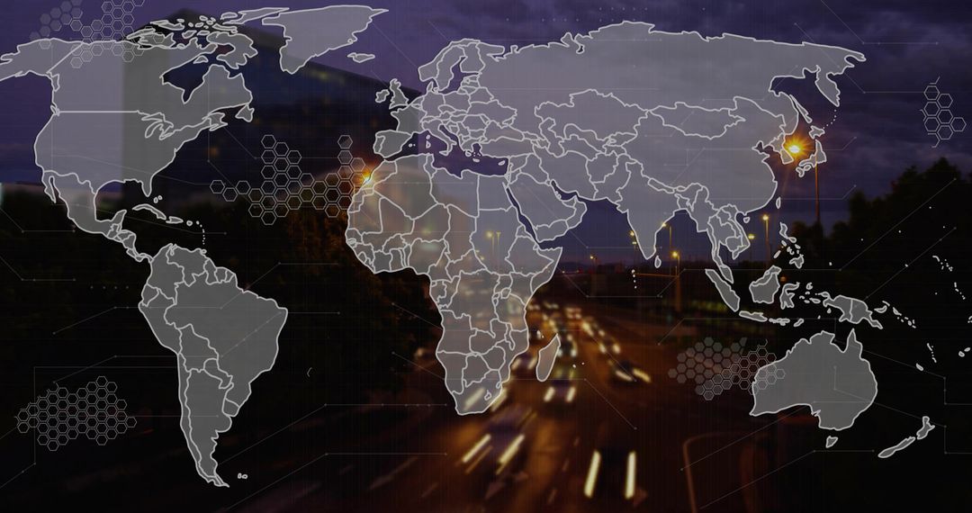 World Map Overlay and Highway Lights Illustrate Global Connectivity