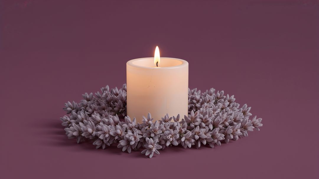 Serene White Pillar Candle with Lavender Wreath on Purple Surface