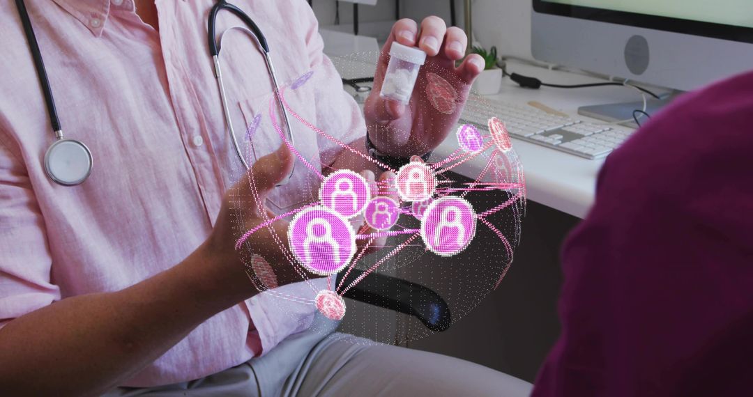 Doctor Holding Pill Bottle Showing Digital Patient Network Hologram for Telemedicine