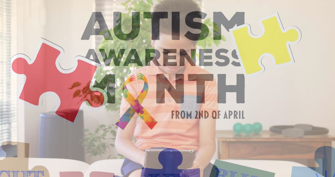 Child Engagement with Tablet Promoting Autism Awareness Month with Puzzles