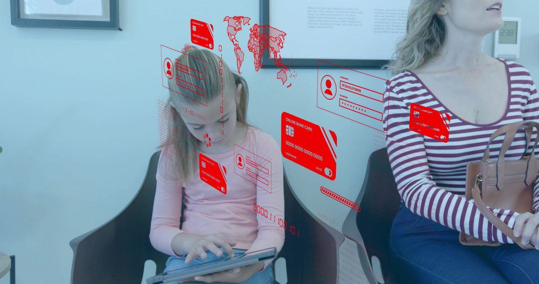 Girl using tablet with red AR data overlays in clinic waiting room highlighting privacy