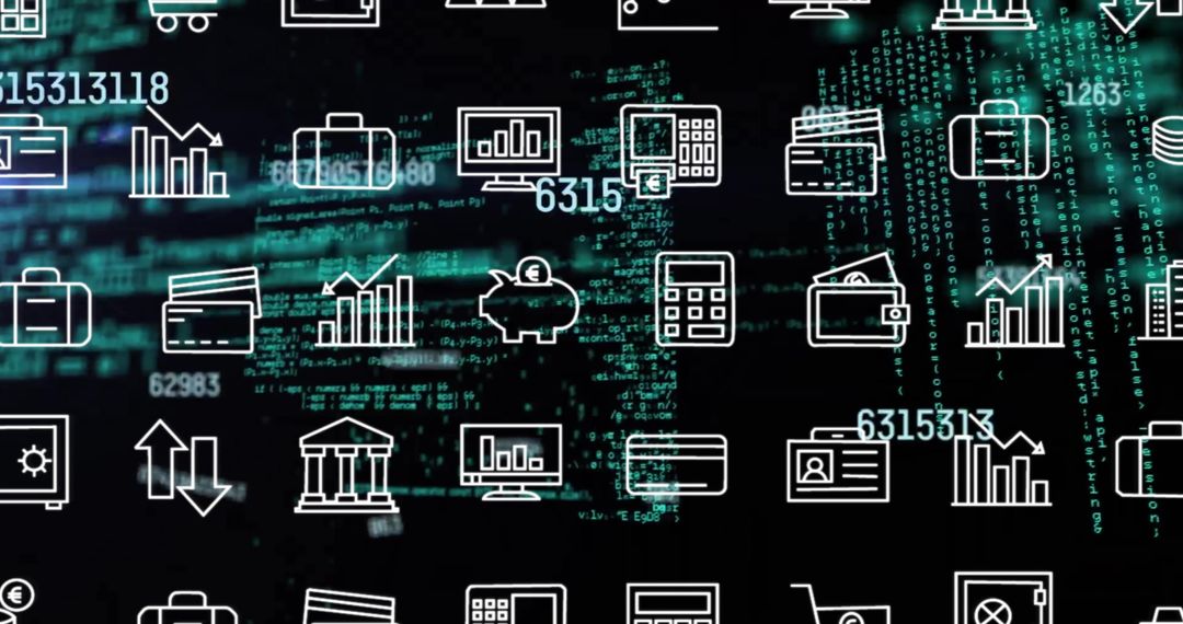 Abstract Digital Financial Data Flow with Business Icons