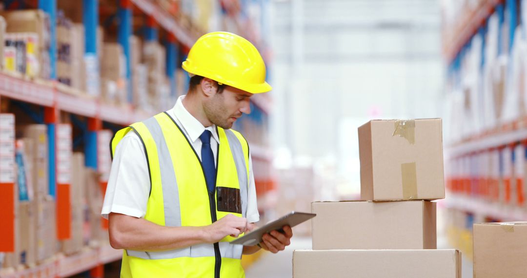 Warehouse Worker Using Digital Tablet for Package Inventory - Free Images, Stock Photos and Pictures on Pikwizard.com