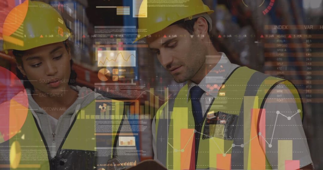 Warehouse Supervisors Analyzing Data with Digital Graphs Overlay