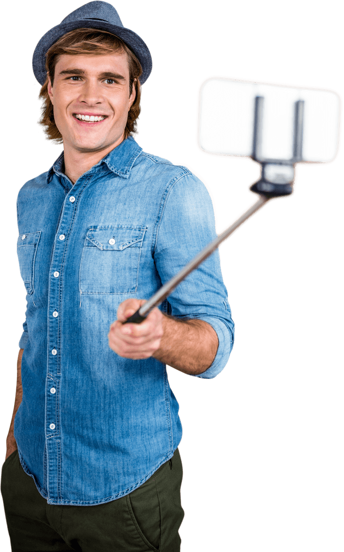 Smiling Hipster Man Taking Selfie with Selfie Stick on Transparent Background