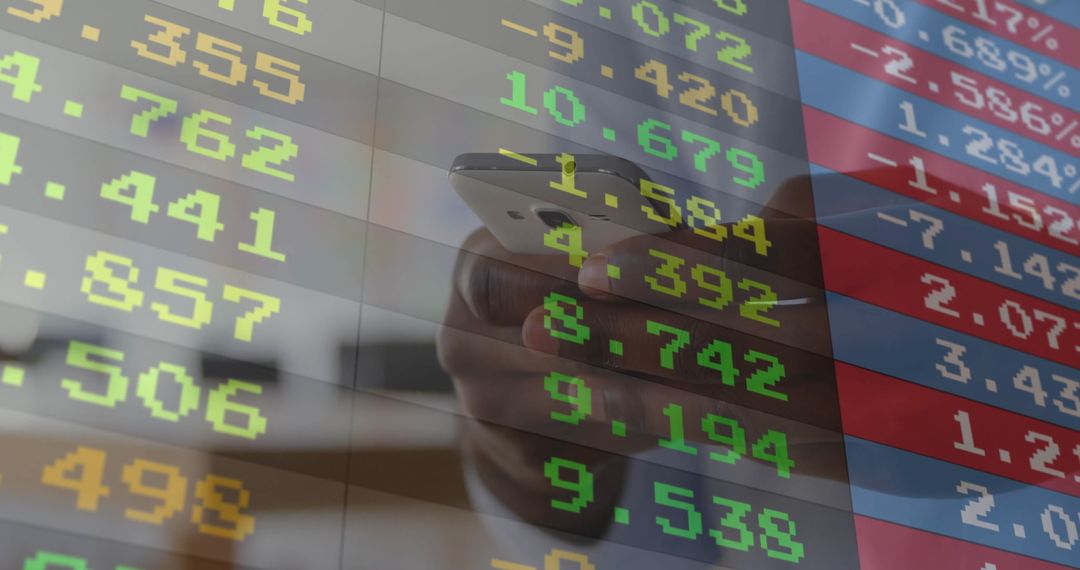 Finance Professional Analyzing Market Data on Smartphone with Digital Overlays