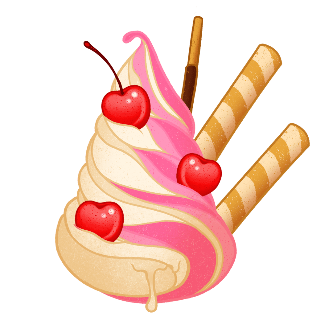 Pink Ice Cream Swirl with Cherries and Wafer Sticks Transparent