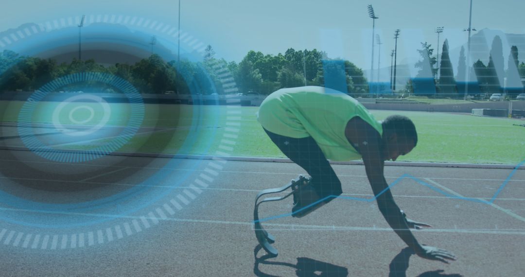 Athlete with Prosthetics Preparing for Sprint on Track