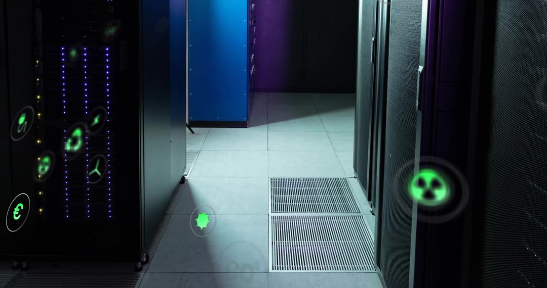 Green Technology in Data Center with Eco Icons Overlay
