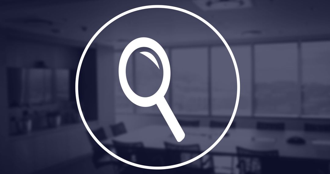 Magnifying Glass Icon Over Office Representing Data Analysis and Business Strategy