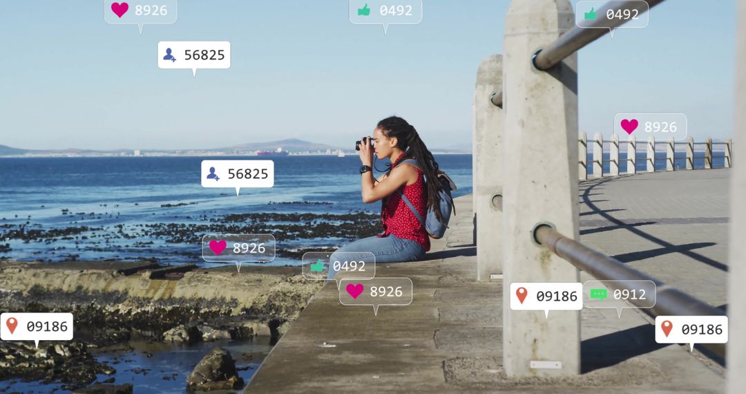 Woman Capturing Ocean Views Enhanced by Social Media Elements