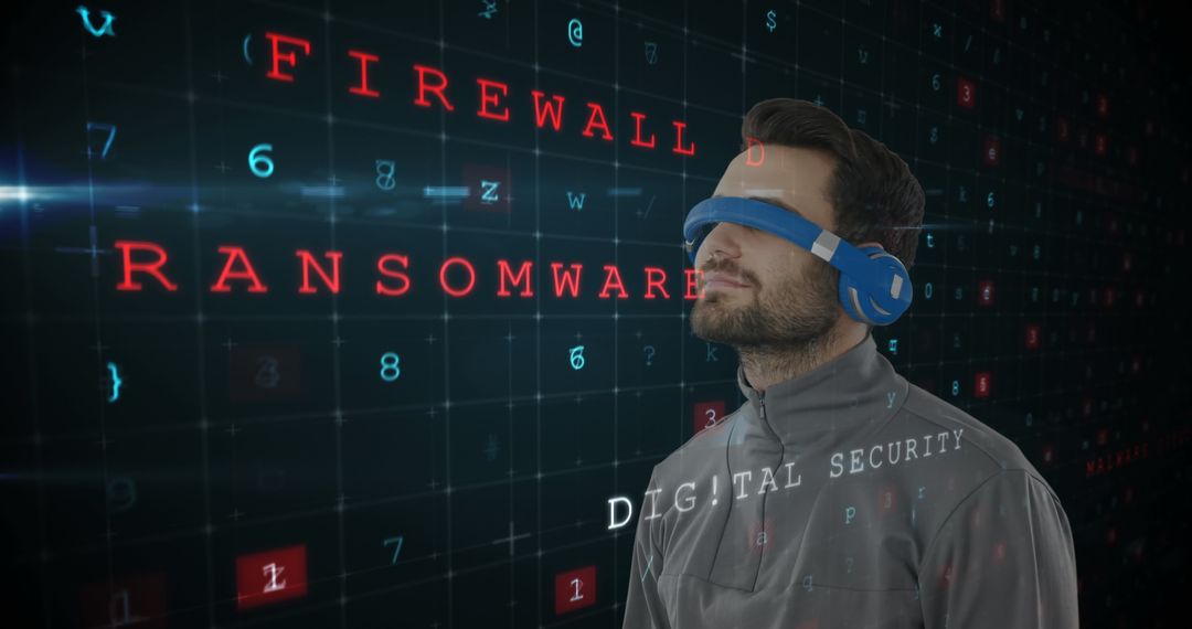 Man Wearing VR Headset Exploring Digital Security with Floating Text