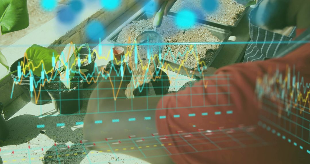 Urban gardener analyzing seedling growth with digital analytics overlay on sunny terrace