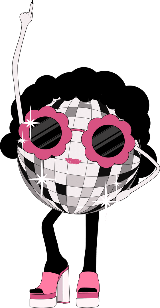 Glamorous Disco Ball Character with Pink Heels and Sunglasses
