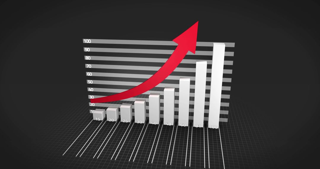 Rising Financial Bar Graph with Red Arrow on Dark Background
