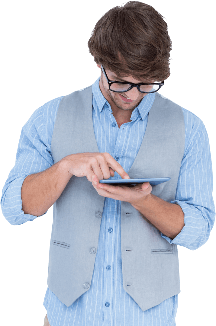 Technology Savvy Man Engaging with Tablet on Transparent Background