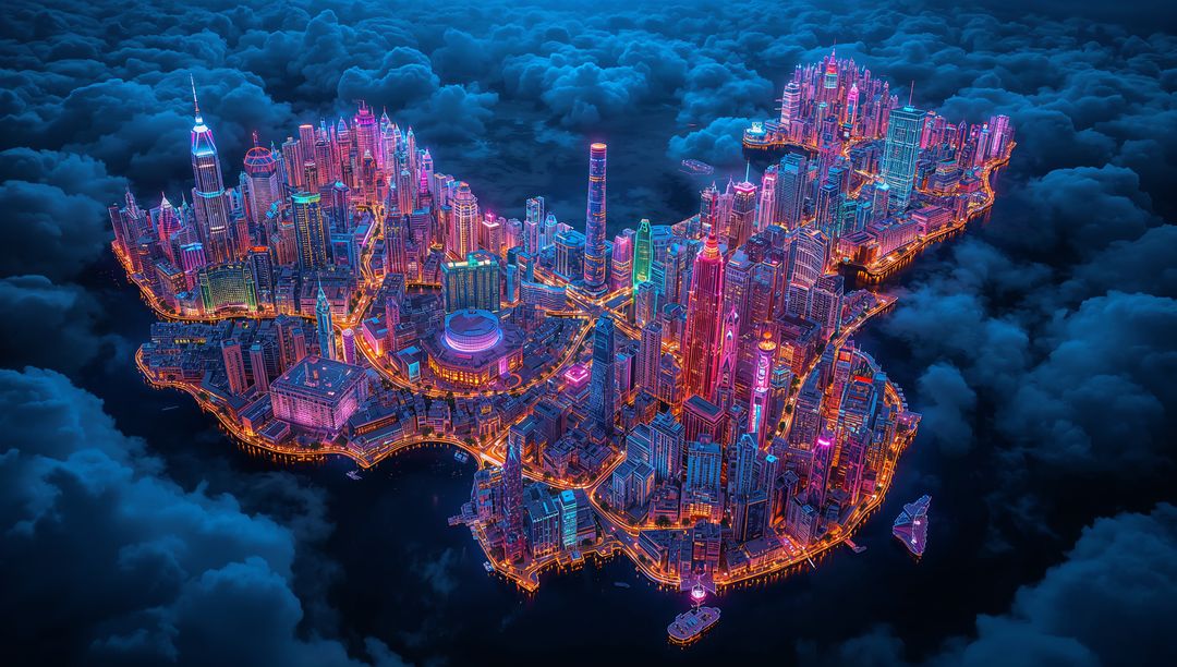 Futuristic Cyberpunk City Floating Above Metal Clouds