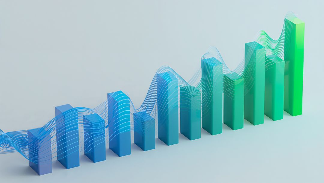 Rising 3D Bar Chart with Translucent Wave Ribbons Showing Data Growth and Analytics
