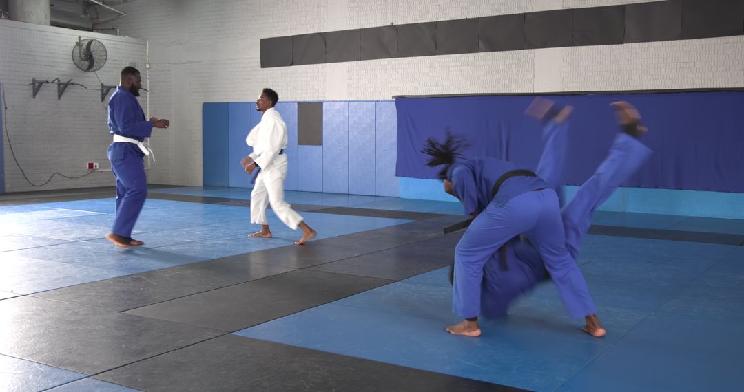 Men Practicing Judo Throws in Gymnasium