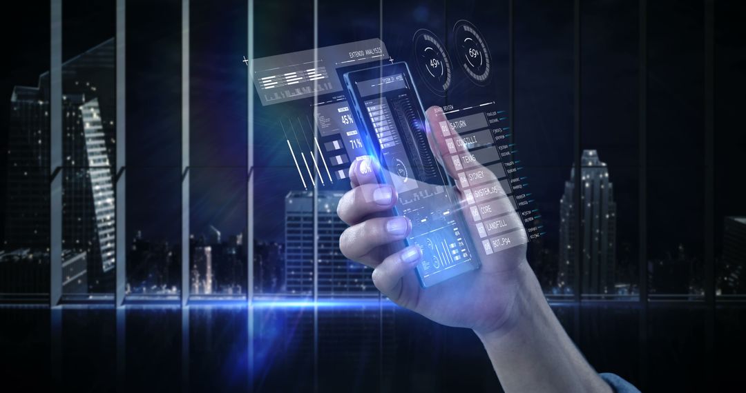 Futuristic Smartphone with Holographic Display in Urban Cityscape