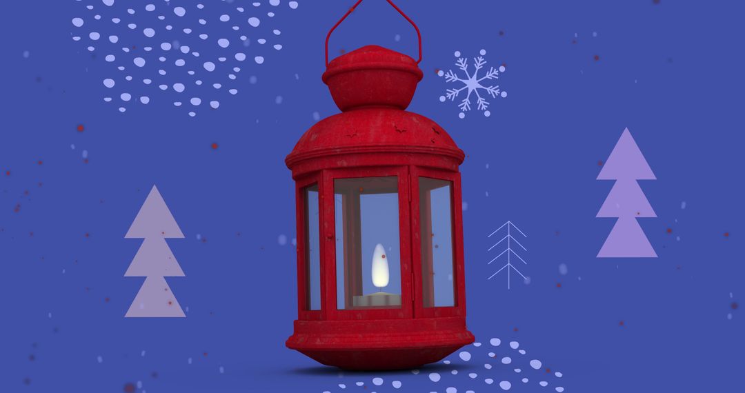 Red Christmas Lantern on Blue with Tree and Snowflake Motifs