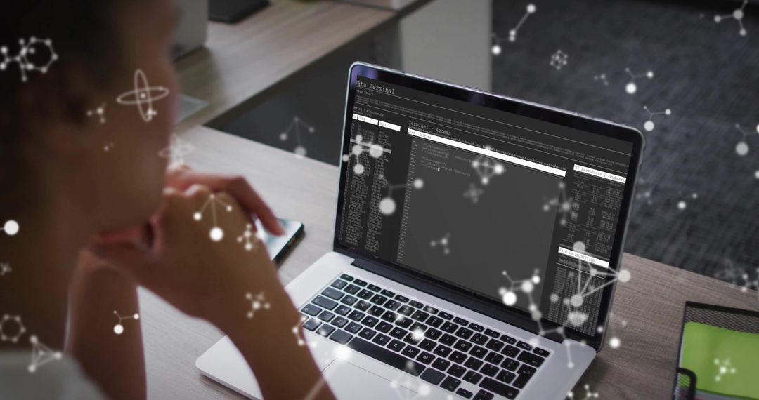 Woman Analyzing Terminal Windows with Network Overlays at Workplace