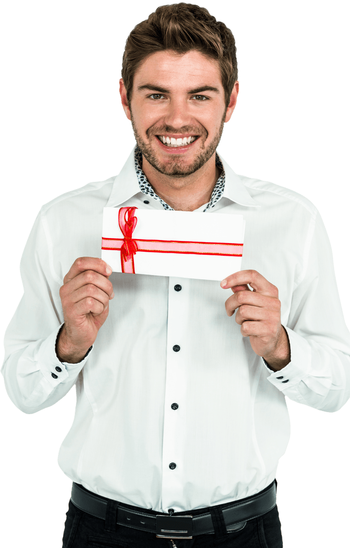 Transparent Smiling Man Holding Gift Box with Red Ribbon