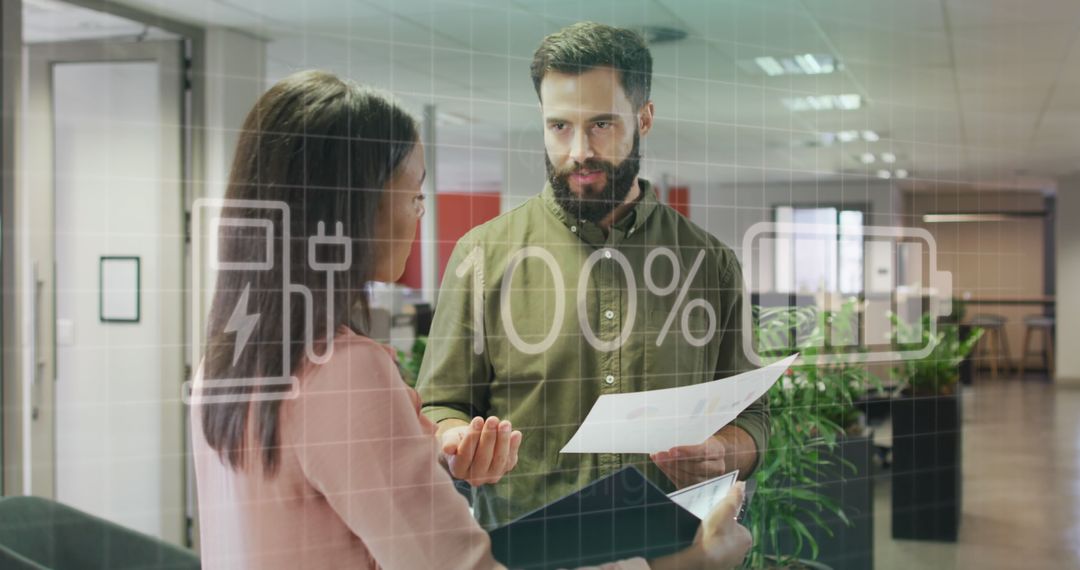 Coworkers Discussing Reports with Digital Overlay Infographic