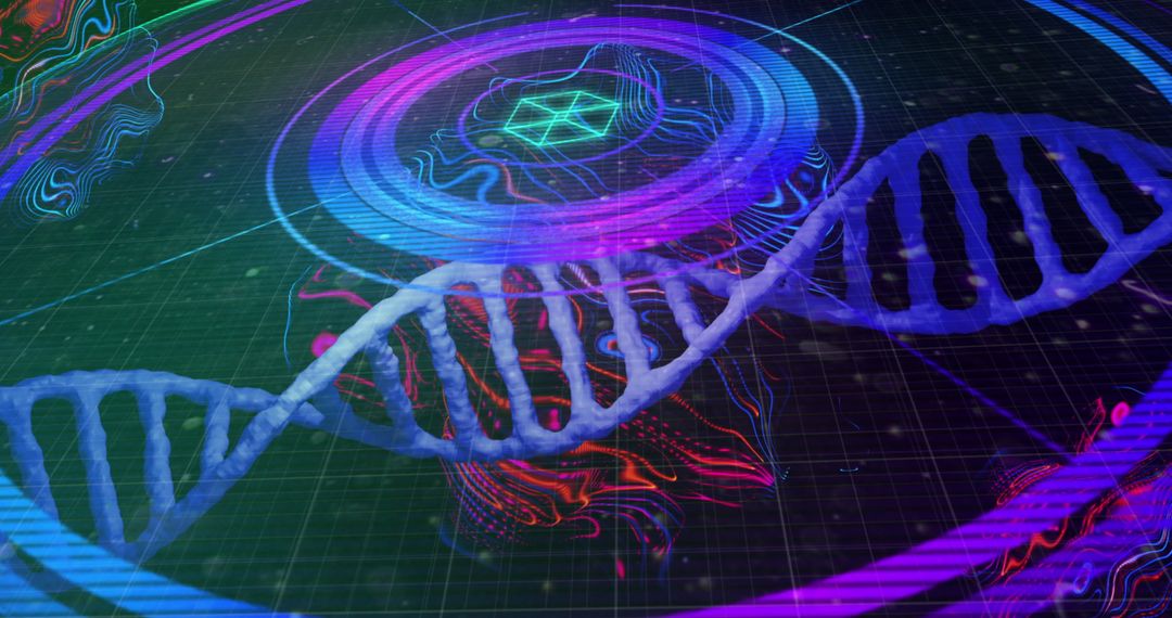 Futuristic DNA Double Helix Above Holographic Grid Interface