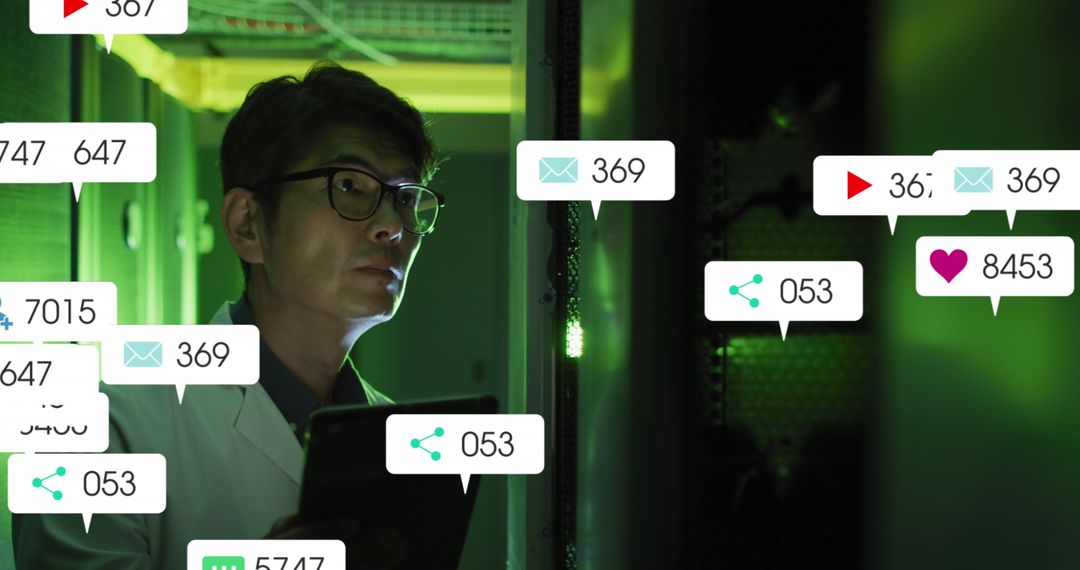 Engineer Analyzing Data in Server Room with Social Media Overlays