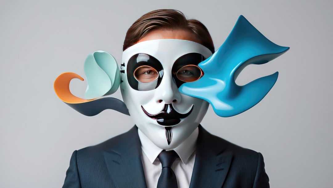 Bank robber in suit wearing surreal glossy mask with colorful ribbons