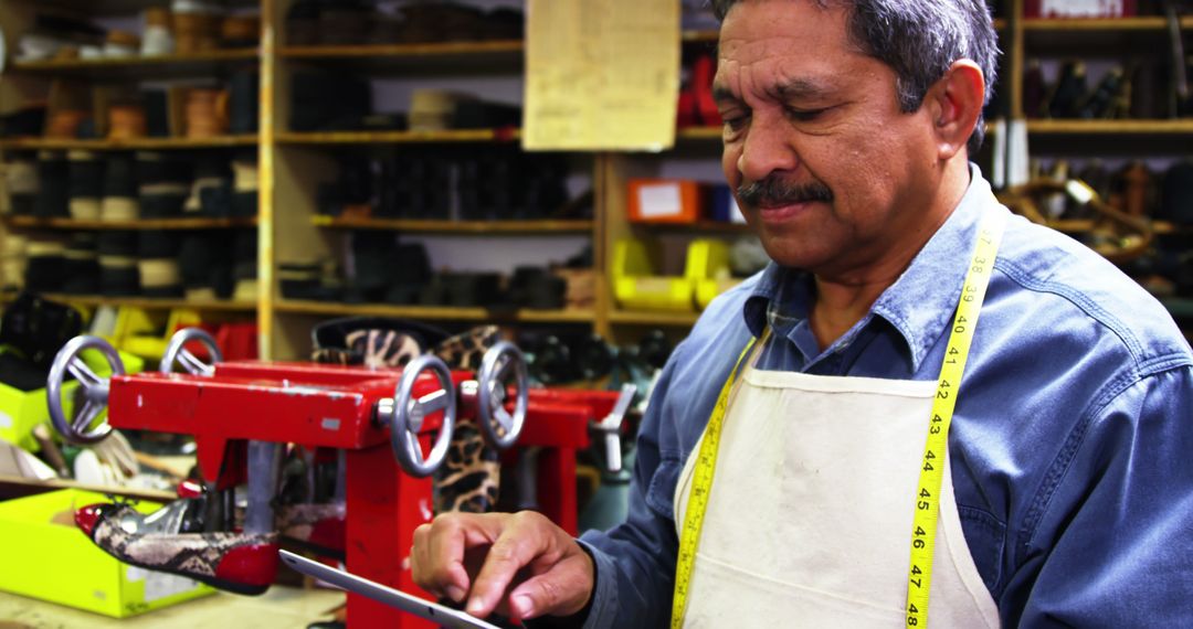 Shoemaker Using Tablet in Bustling Workshop with Tools and Shoes