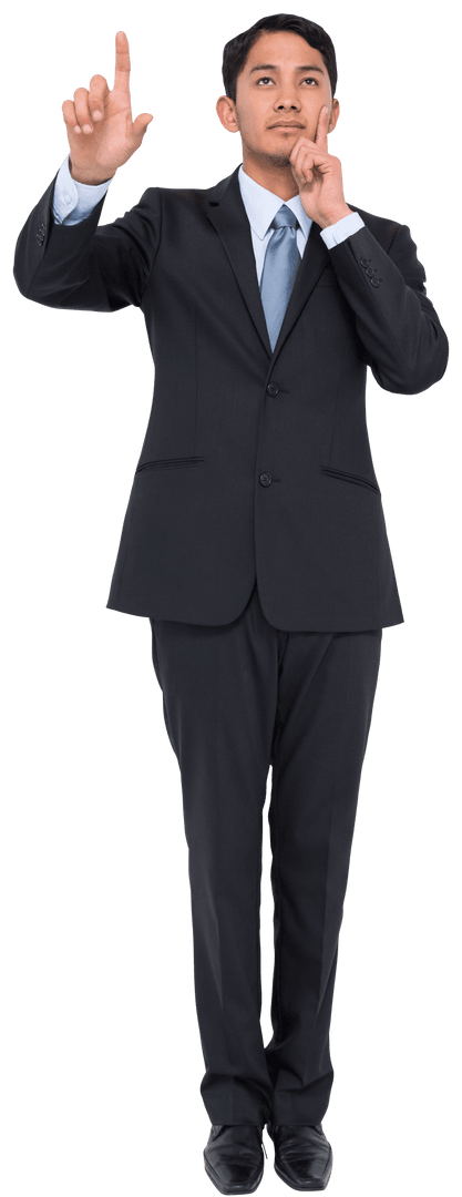 Transparent Pensive Businessman Pointing and Thinking