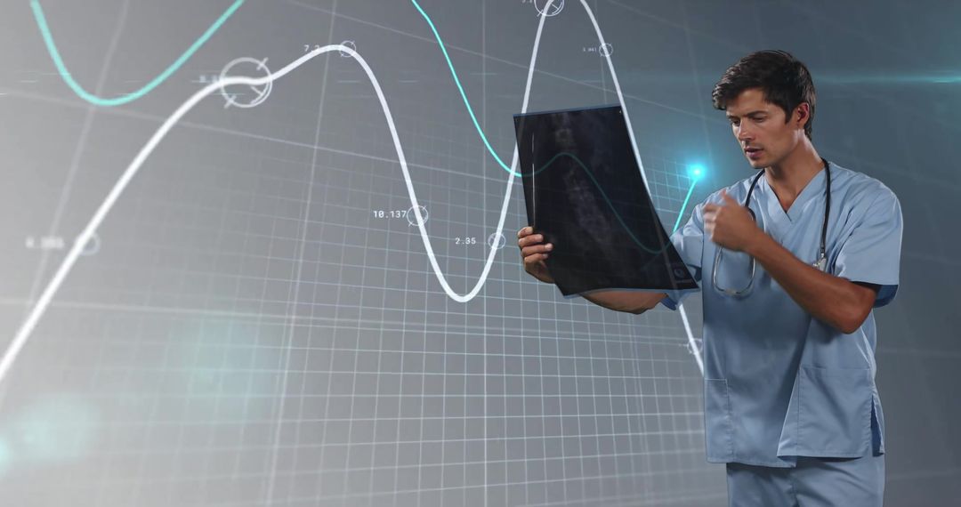 Doctor Analyzing X-Ray Hologram and Financial Graphs Background