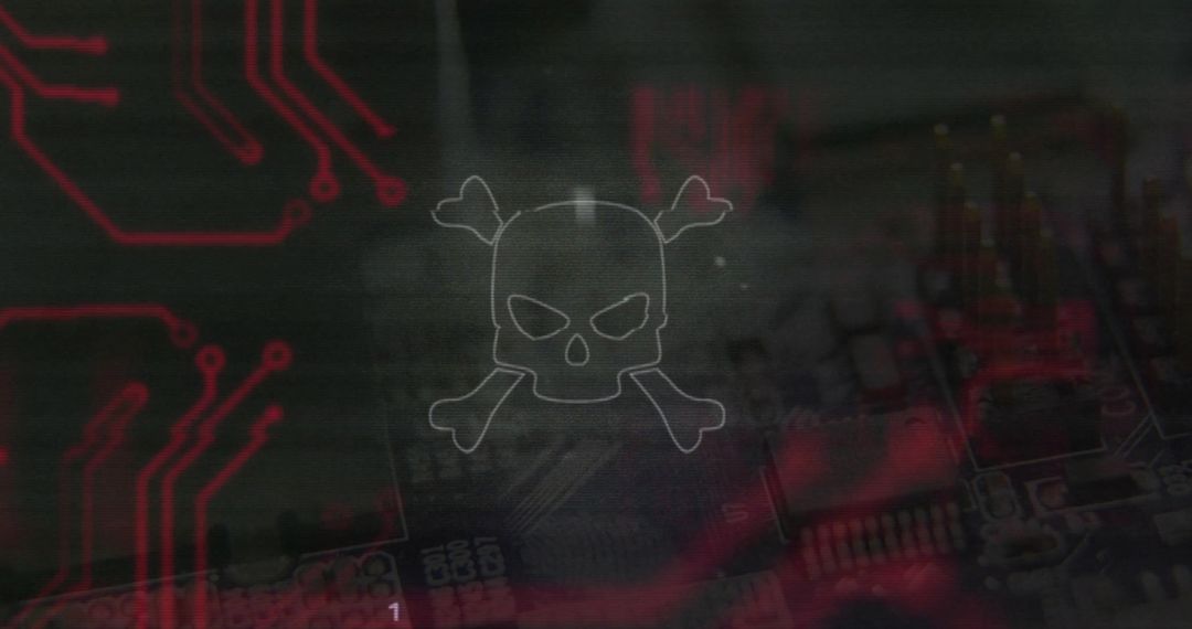 Skull and Crossbones Symbol Over Electronic Circuit Board