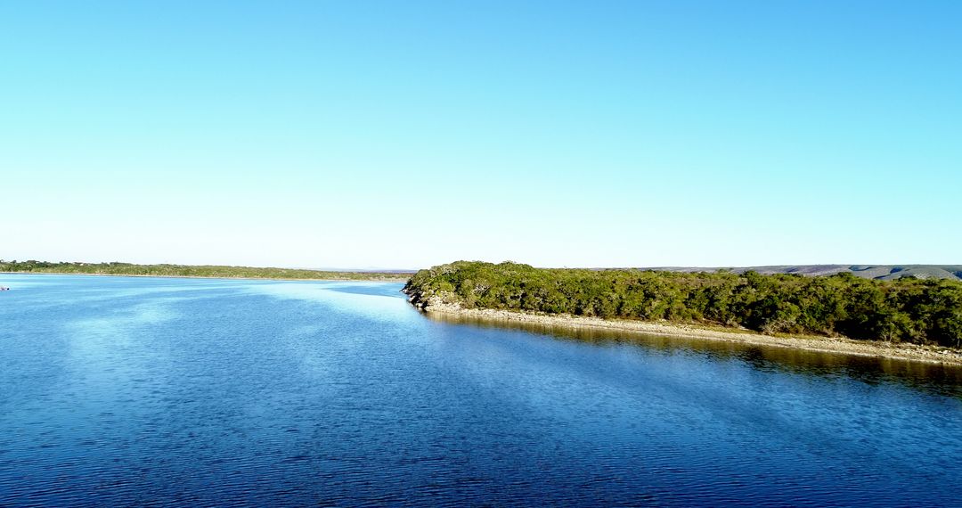 Tranquil River with Clear Blue Sky and Forested Shoreline - Free Images, Stock Photos and Pictures on Pikwizard.com