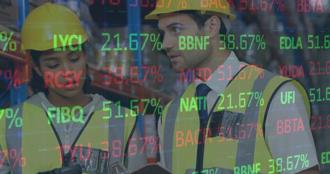 Warehouse Team Analyzing Digital Financial Data Overlay