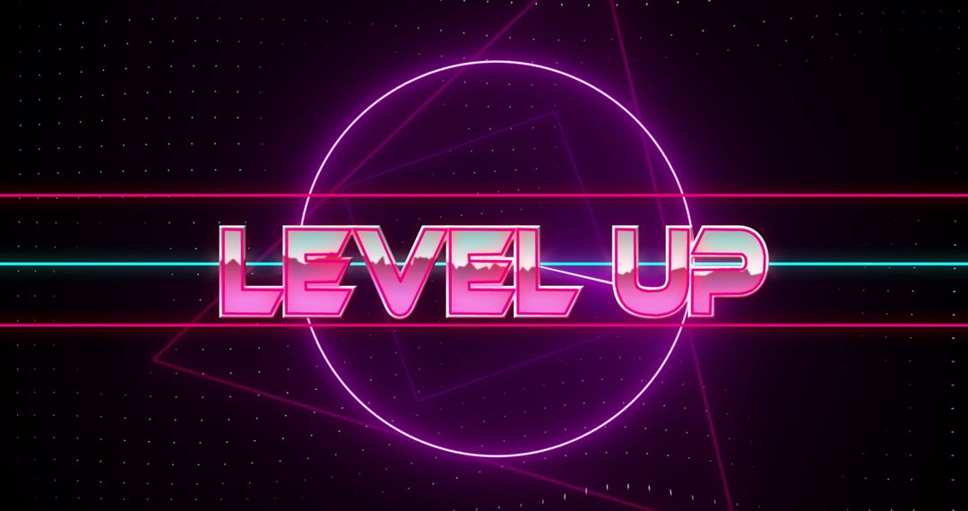 Glowing 'Level Up' Neon Text on Digital Geometric Background