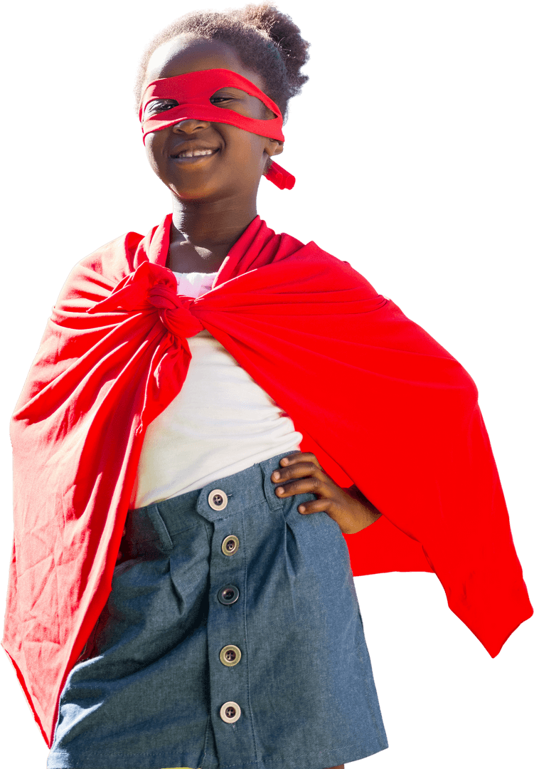 Joyful Young Girl in Red Transparent Cape Enjoying Playtime
