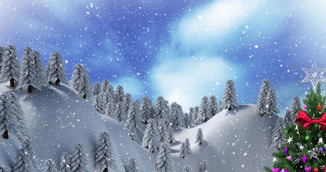 Winter Wonderland Forest with Snowfall and Christmas Tree