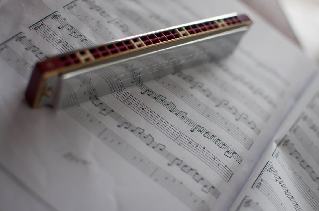 Close-Up of Harmonica on Sheet Music Composition