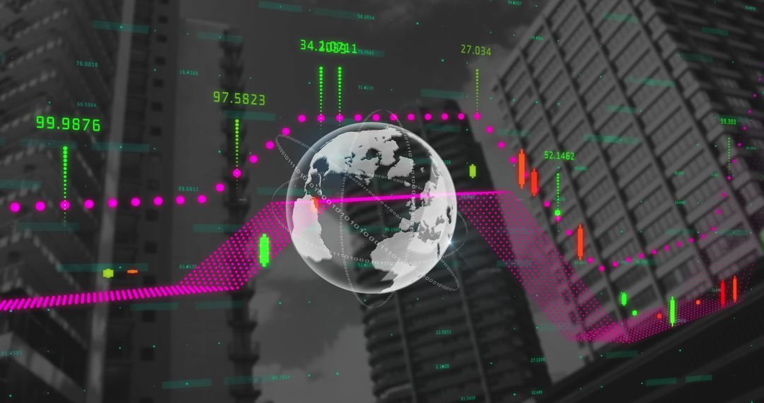 Global Finance Concept with City Buildings and Digital Analytics