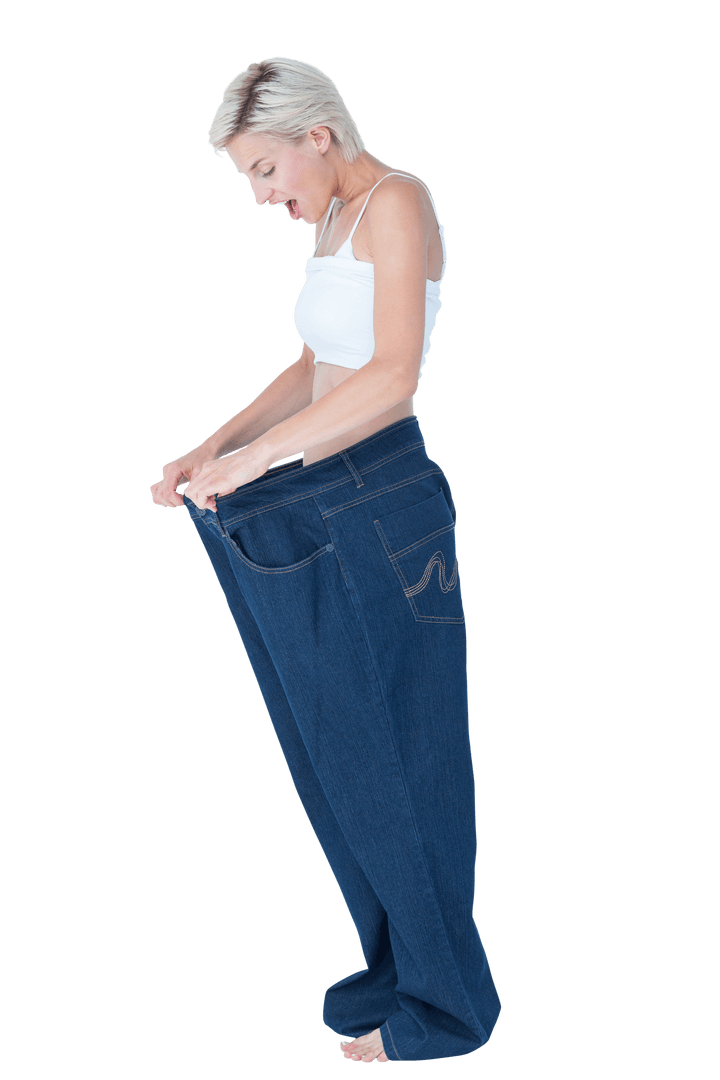 Surprised Woman in Transparent Oversized Pants Isolated on White