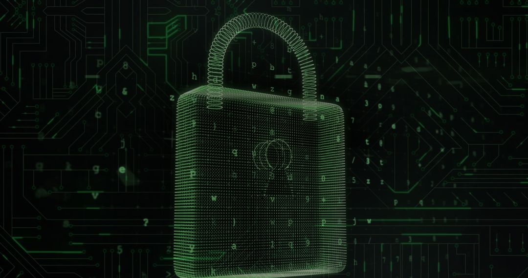 Digital Security Padlock Over Circuit Board in Green Aura