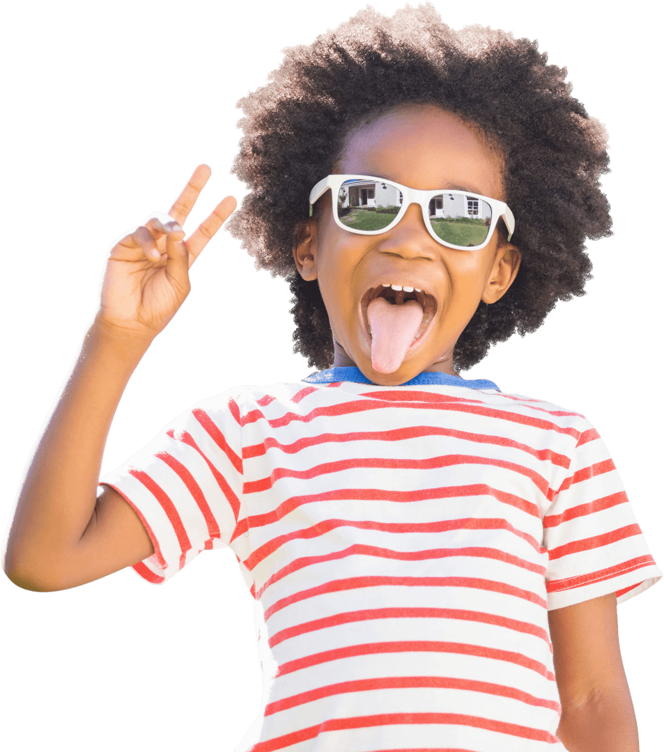 Cheerful Child Sticking Tongue Out With Peace Gesture on Transparent Background