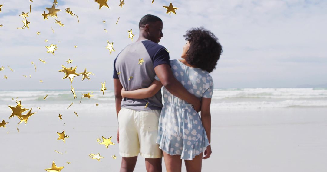 Couple Embracing by the Beach with Golden Stars Decor