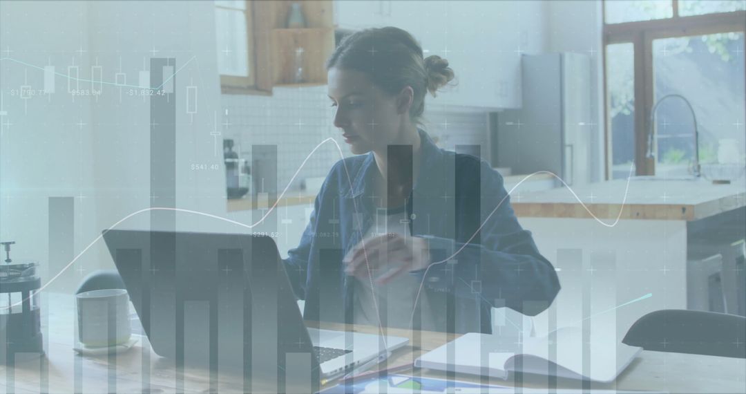 Caucasian Woman Analyzing Data with Laptop and Charts Overlay